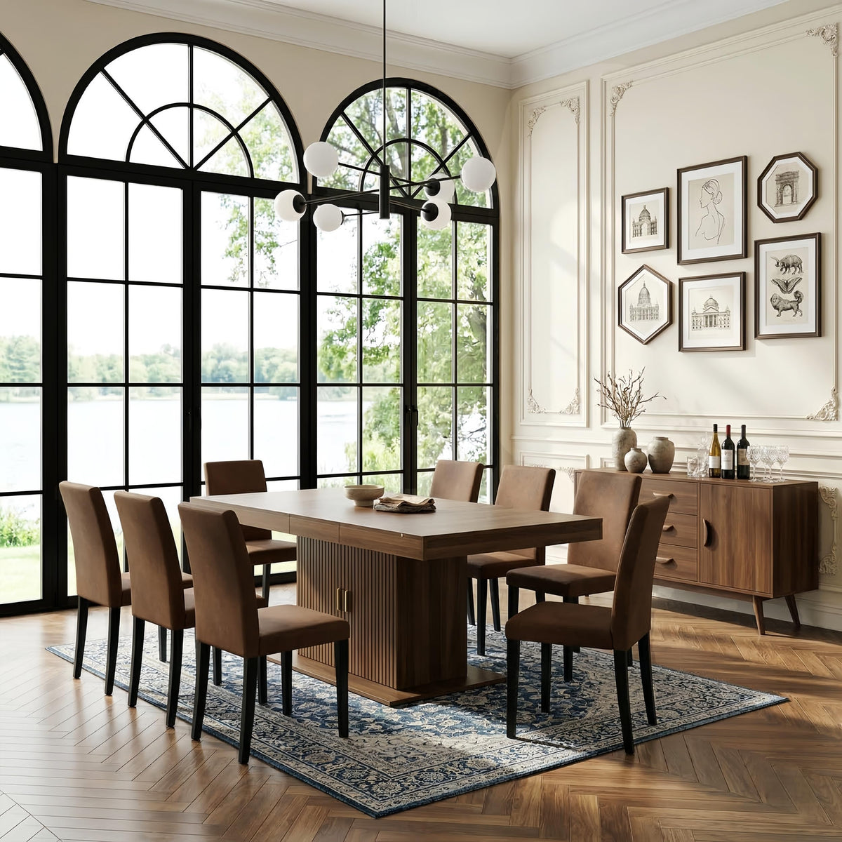 Brown 9 Piece Extendable Dining Table Set with 8 Suede Chairs S7097