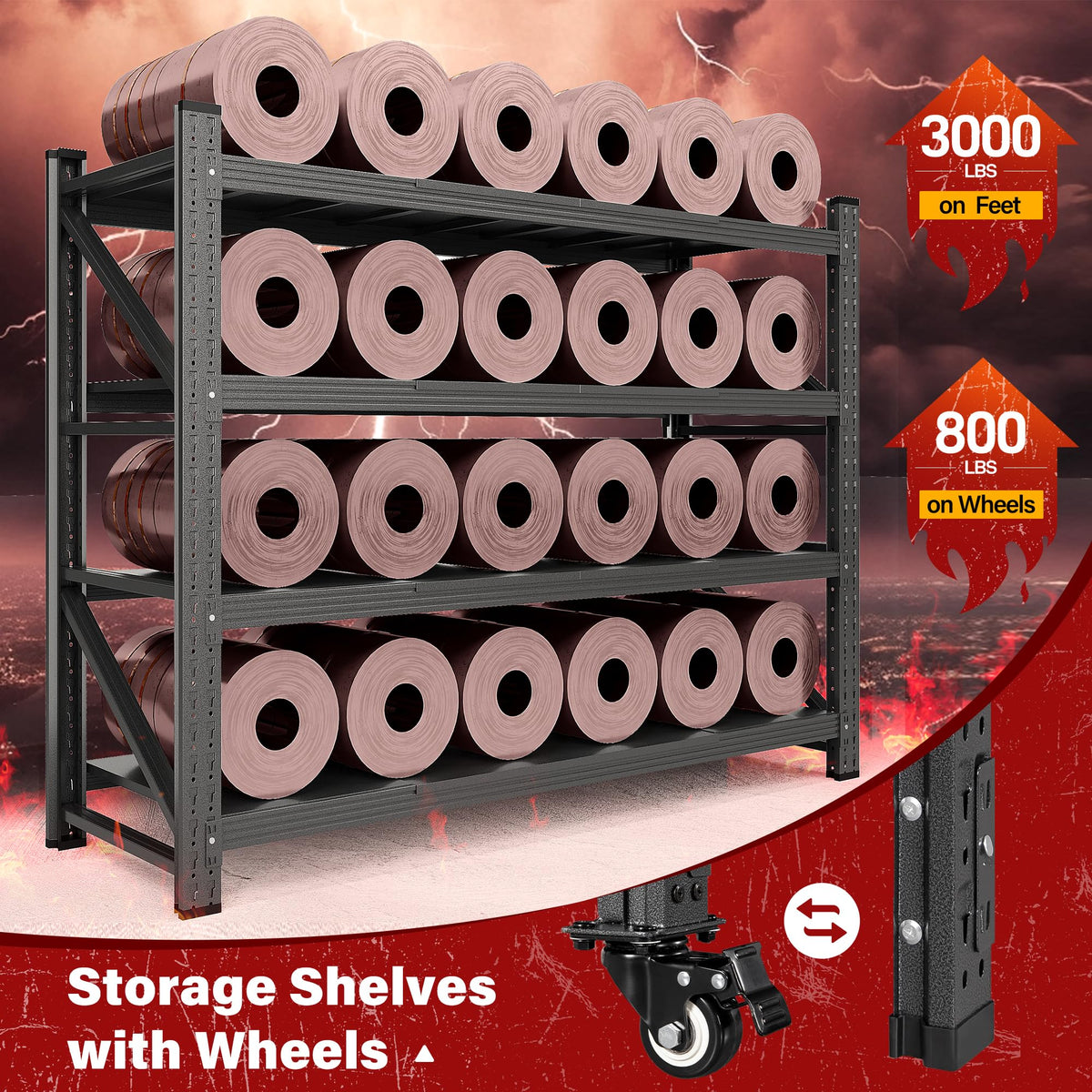75.6" Tall Black Metal Storage Shelves with Wheels M57496