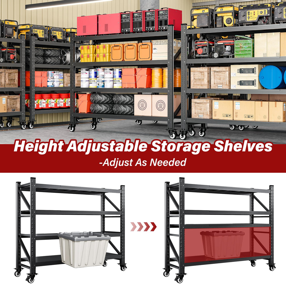 75.6" Tall Black Metal Storage Shelves with Wheels M57496