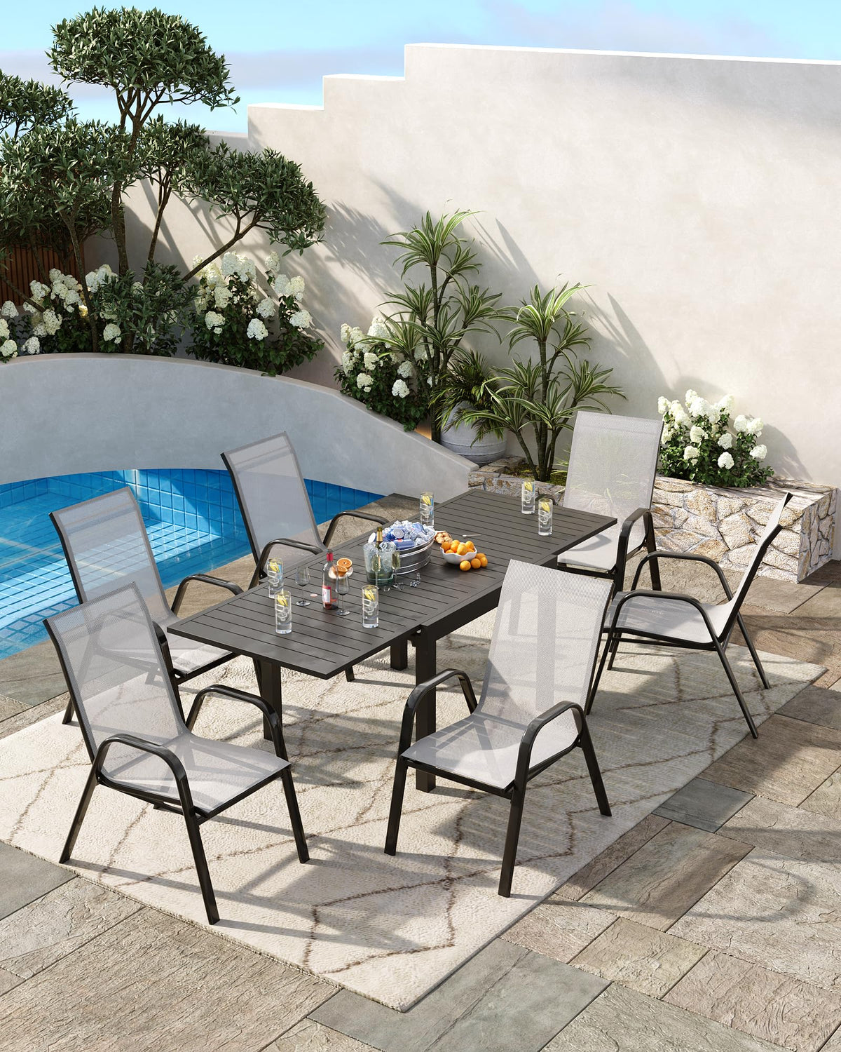 Stackable Outdoor Dining Chairs Set of 4 Textilene Fabric Metal Frame Grey D17873