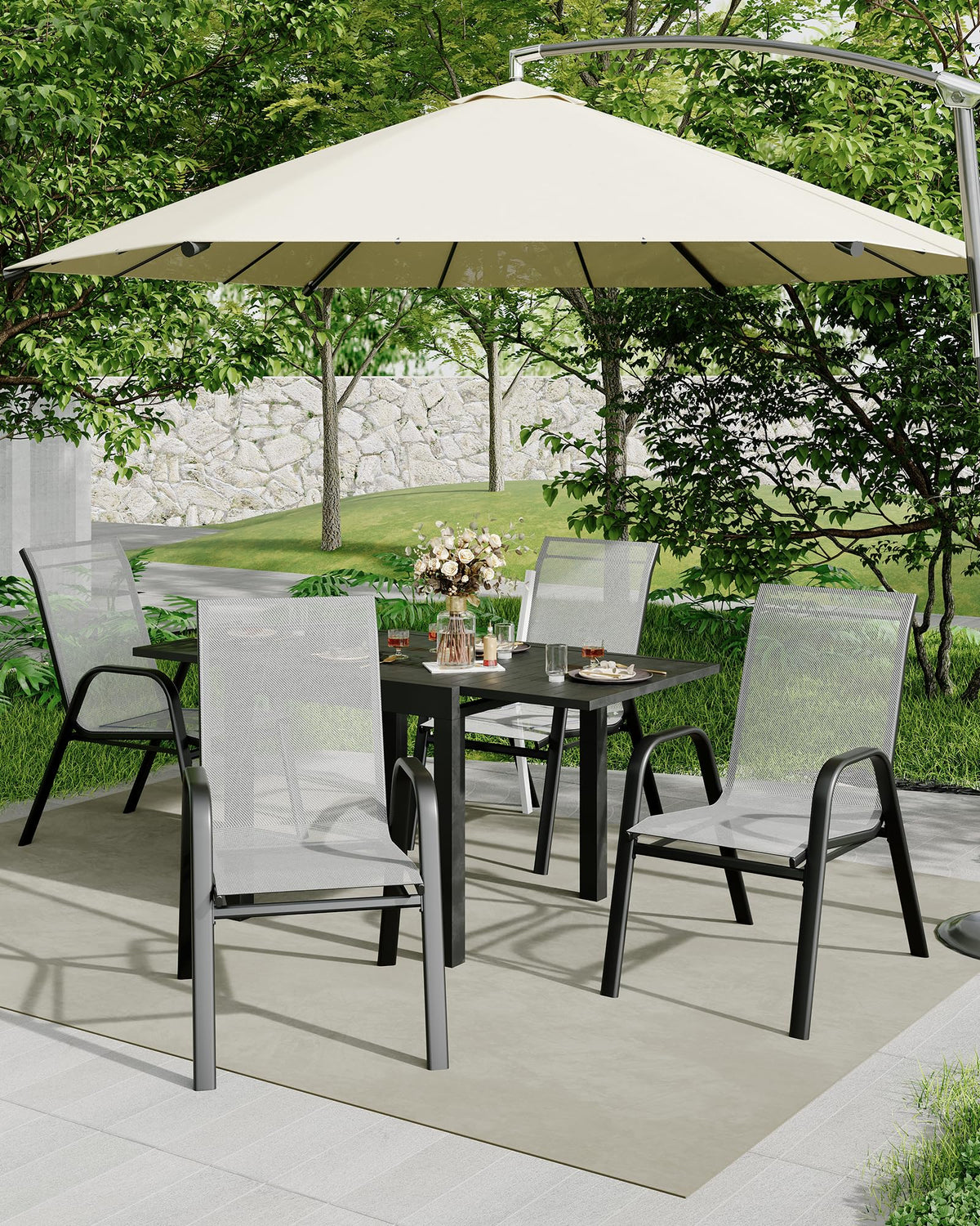 Stackable Outdoor Dining Chairs Set of 4 Textilene Fabric Metal Frame Grey D17873