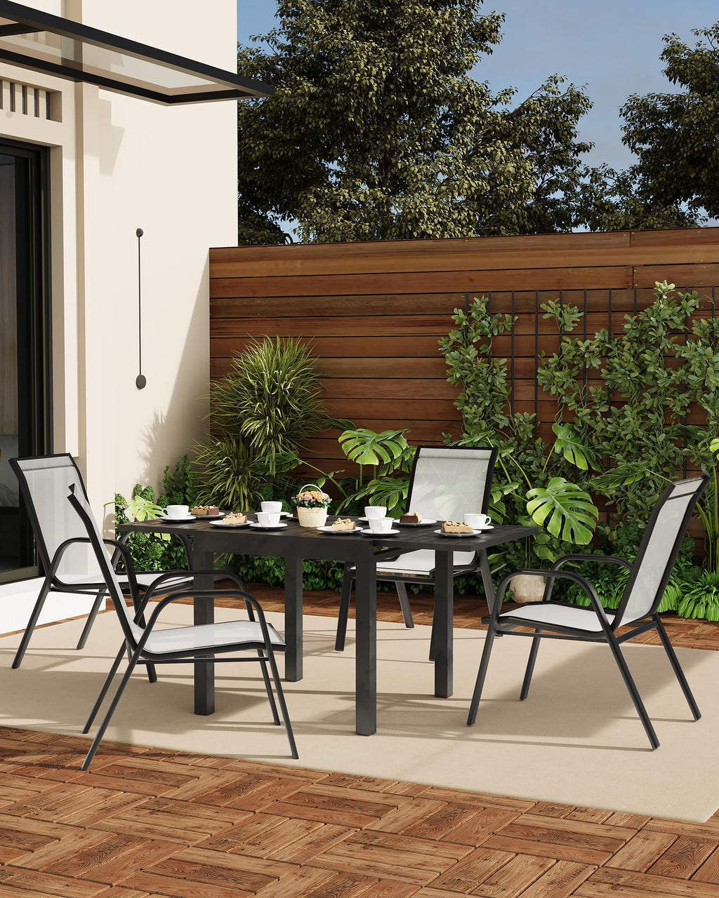 Stackable Outdoor Dining Chairs Set of 4 Textilene Fabric Metal Frame Grey D17873
