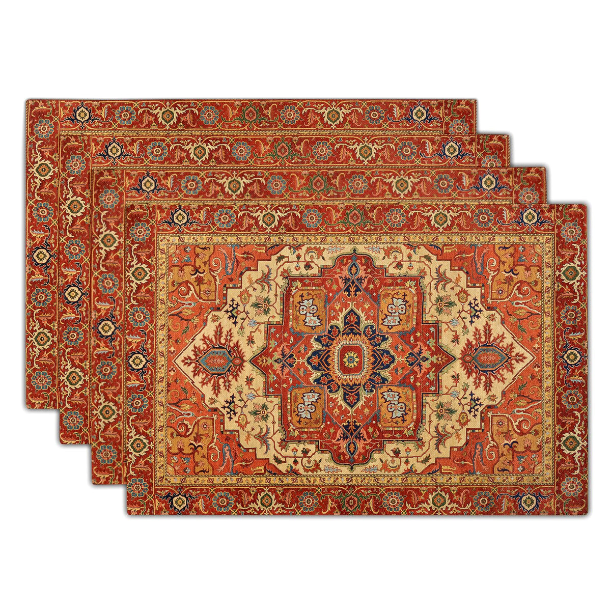 Boho Ethnic Placemats Set of 4 Orange Brown Retro Flower Linen 12"x18" M409